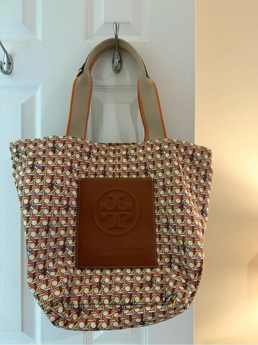 Tory Burch Orange, Yellow and White Patterned Canvas Tote with Cognac Patch - Picture 1 of 3
